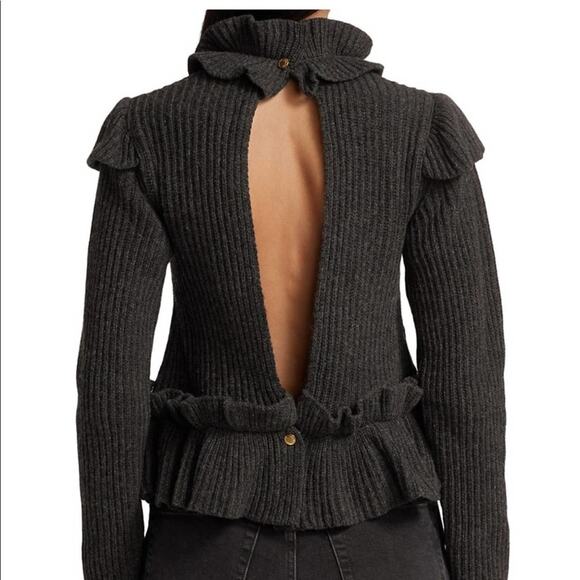 GANNI Rib Ruffle Trim Turtleneck Sweater Gray Wool Open Back Large - Picture 11 of 15